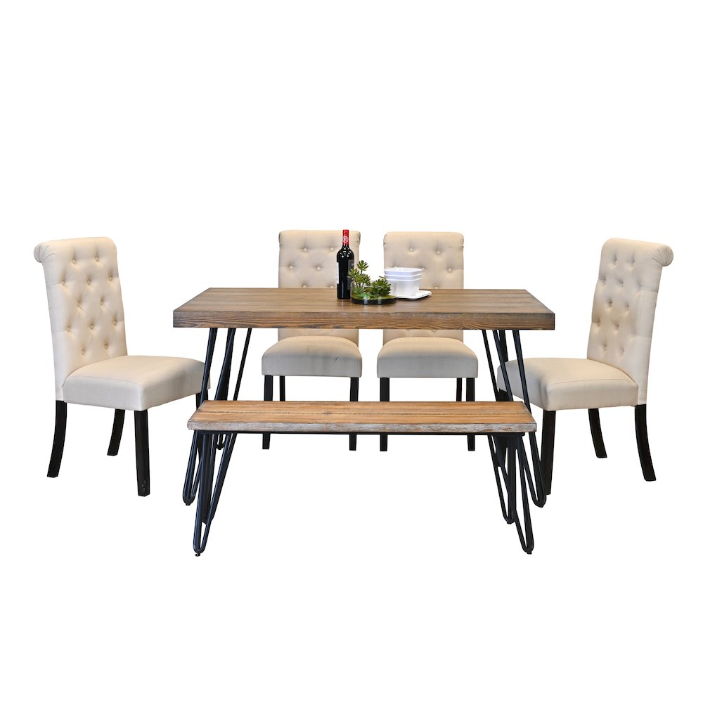 Ashford 6-Pc Dining Set, Hairpin Dining Table with 4 Chairs and Bench, Tan. Picture 1