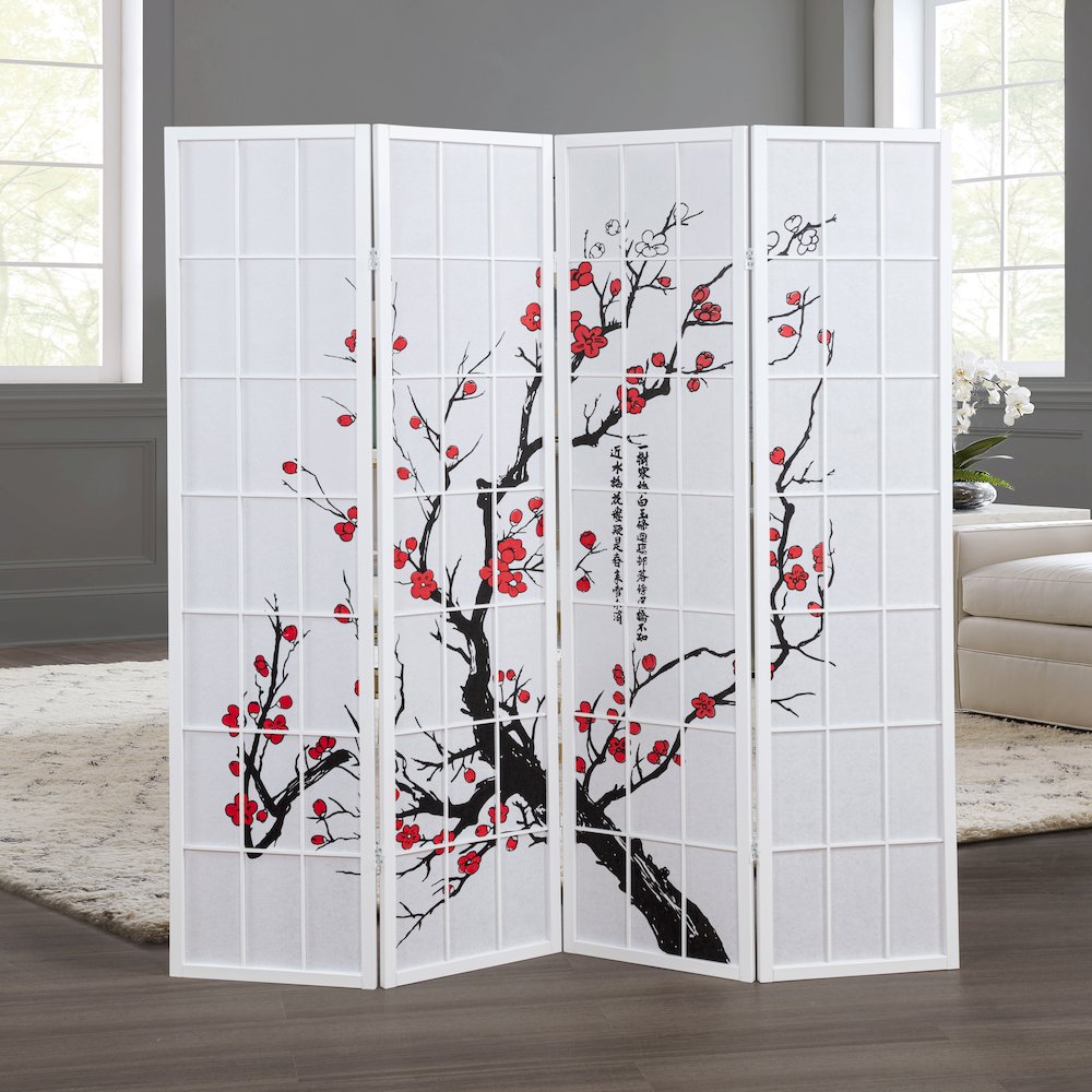 Elandra 4-Panel Room Divider, Plum Blossom Print, Privacy Screen, White. Picture 4