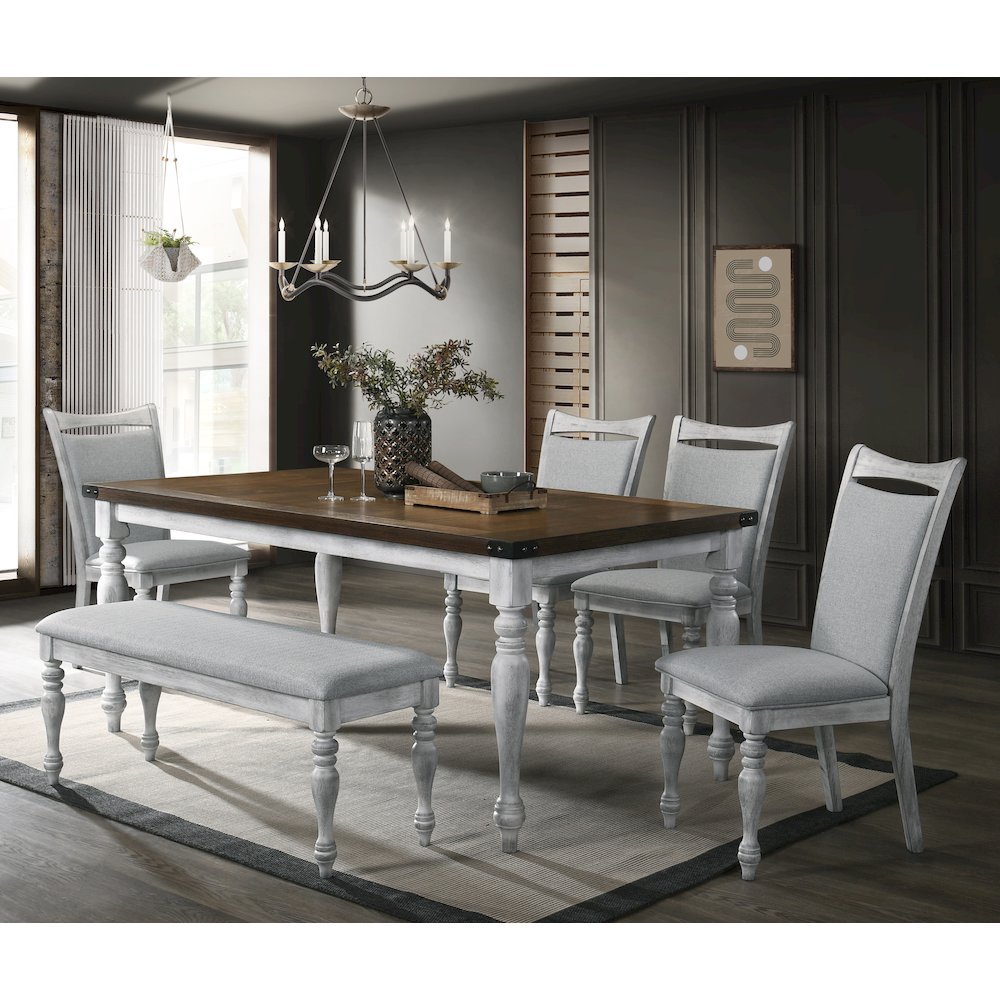 6 Piece Dining Table Set, 4 Upholstered Chairs, 1 Bench, Rustic White and Oak. Picture 3