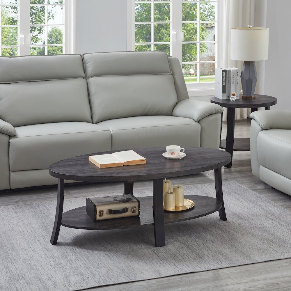 Anze Contemporary Oval Wood Shelf 3-Pc Coffee Table Set in Charcoal Finish. Picture 4
