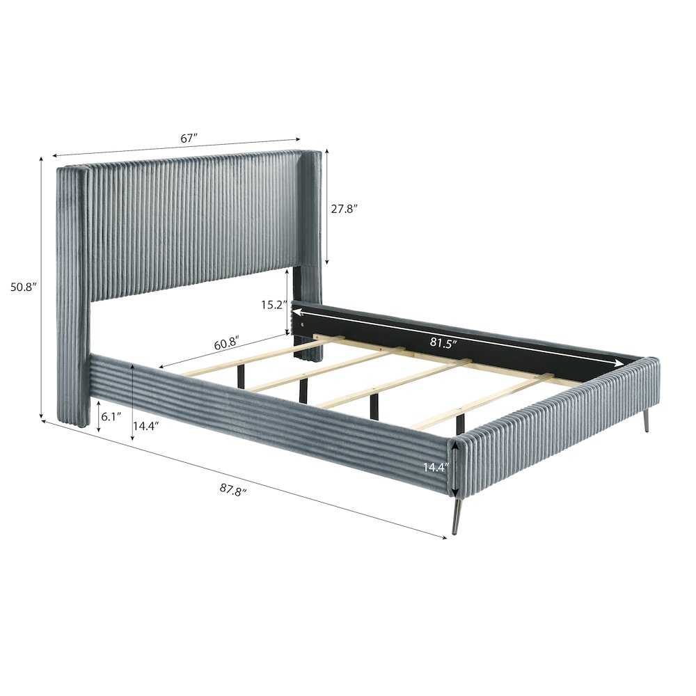 Mavela Wide Wale Corduroy Upholstery Panel Queen Bed, Blue. Picture 6