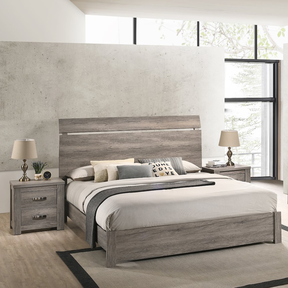 Floren Weathered Gray Wood 3-Piece Bedroom Set, Queen Bed with 2 Nightstands. Picture 3