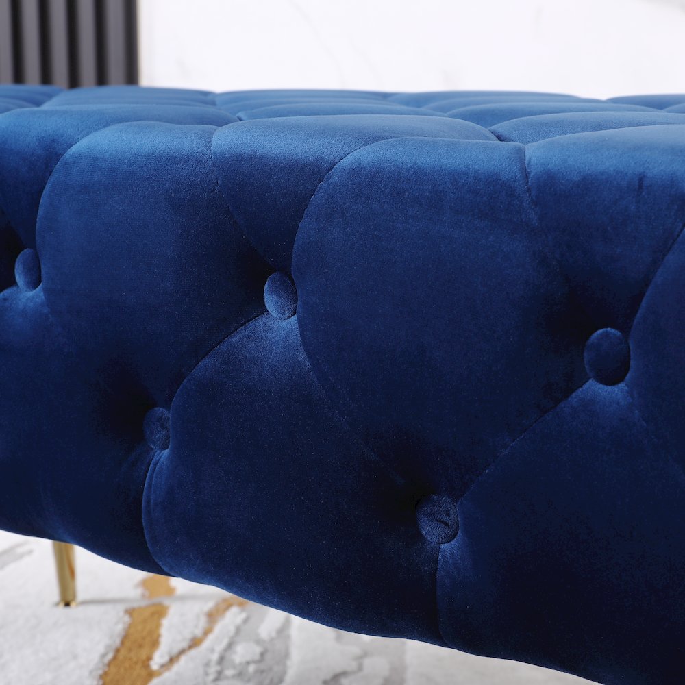 Sira Velvet Button Tufted Bench with Gold Metal Legs, Blue. Picture 6