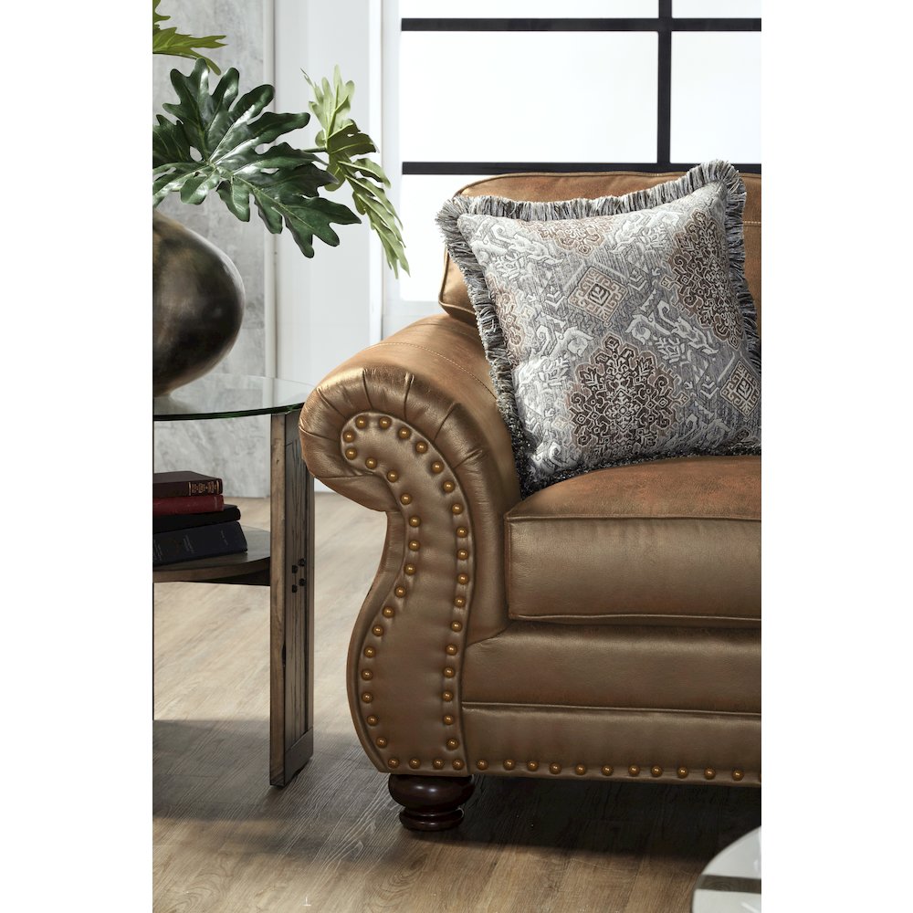 Leinster Faux Leather Sofa with Antique Bronze Nailheads in Jetson Ginger. Picture 3