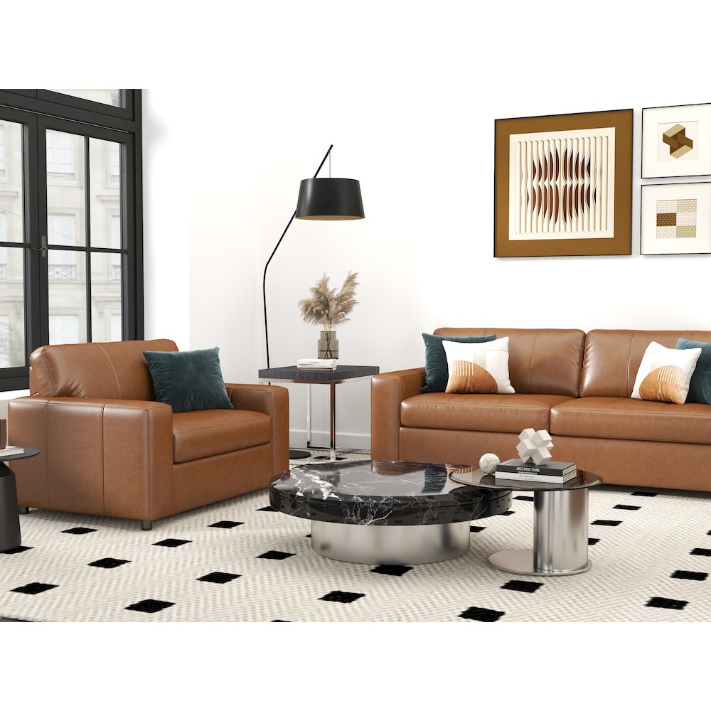 Sakan Leather 4-Pc Living Room Set, Sofa Loveseat, Chair and Ottoman, Caramel. Picture 5