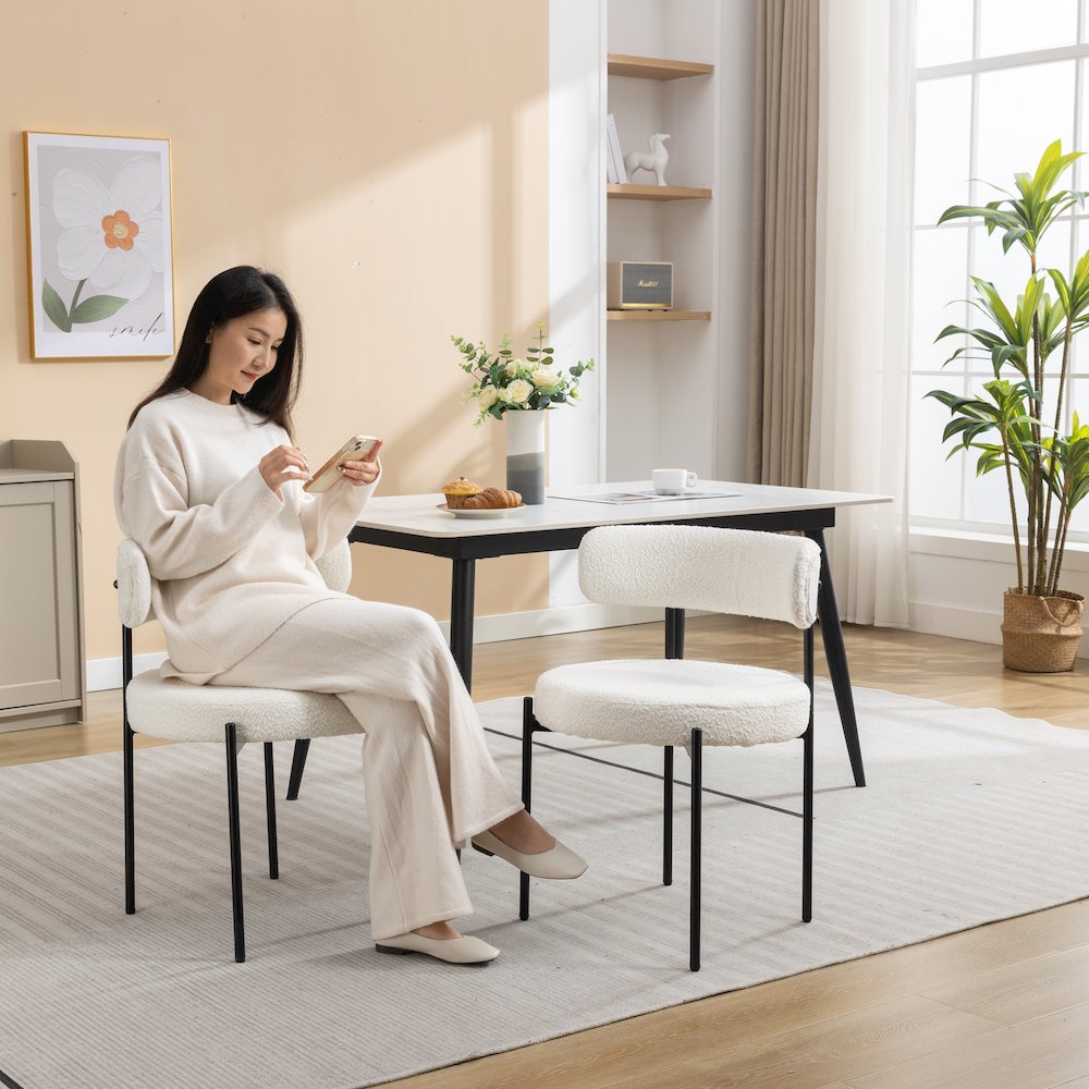 Burbank Modern Round Boucle Dining Chairs, Set of 2, White. Picture 2