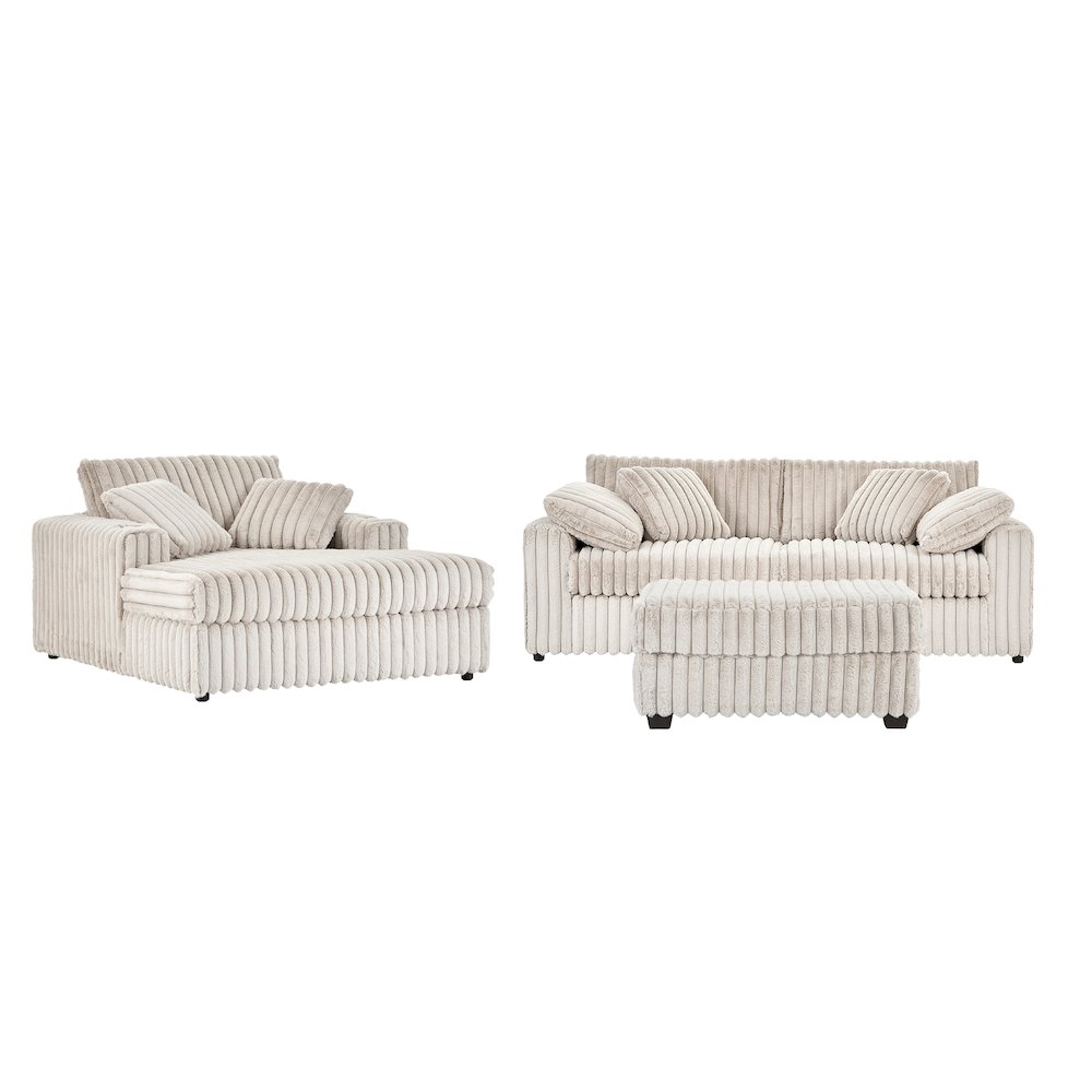 Belvoir 3-Piece Living Room Set, Sofa Cuddle Chaise and Ottoman, Beige Champagne. Picture 1