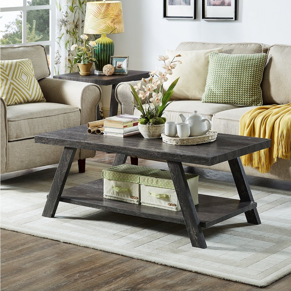 Athens Contemporary Replicated Wood Shelf Coffee Set Table in Charcoal Finish. Picture 3
