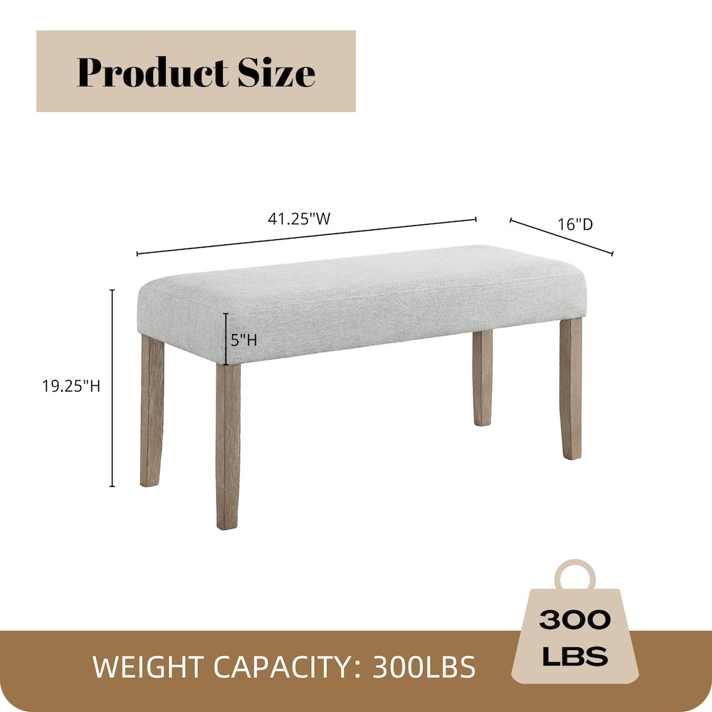 Zelalle Upholstered Bench, Light Gray Fabric with Rubberwood Legs. Picture 7