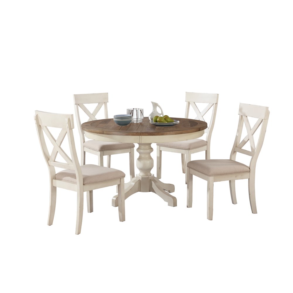Prato 5-PC Round Dining Set,  Antique White and Distressed Oak. Picture 1