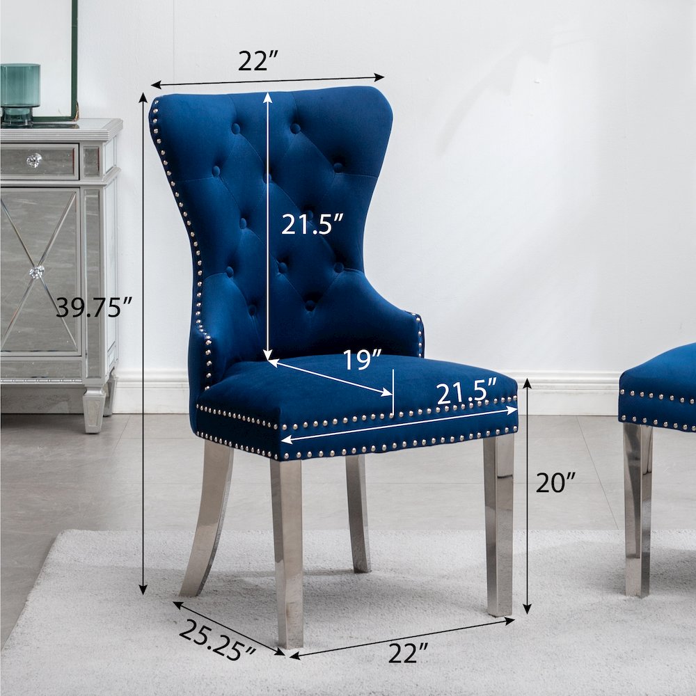 Montura Contemporary Tufted Velvet Chair with Nailhead Trim, Set of 2, Blue. Picture 14