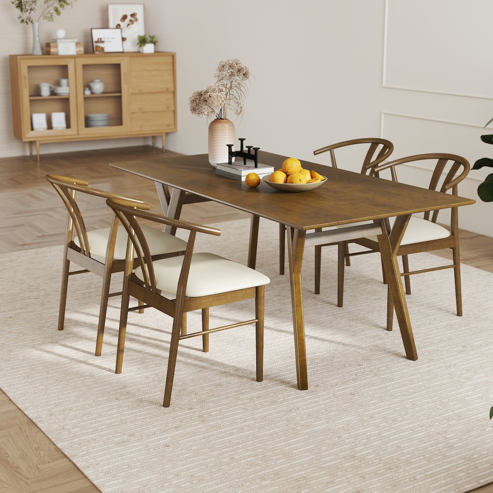 5-Piece Dining Set, Walnut Finished Dining Table with 4 Brown Wishbone Chairs. Picture 5
