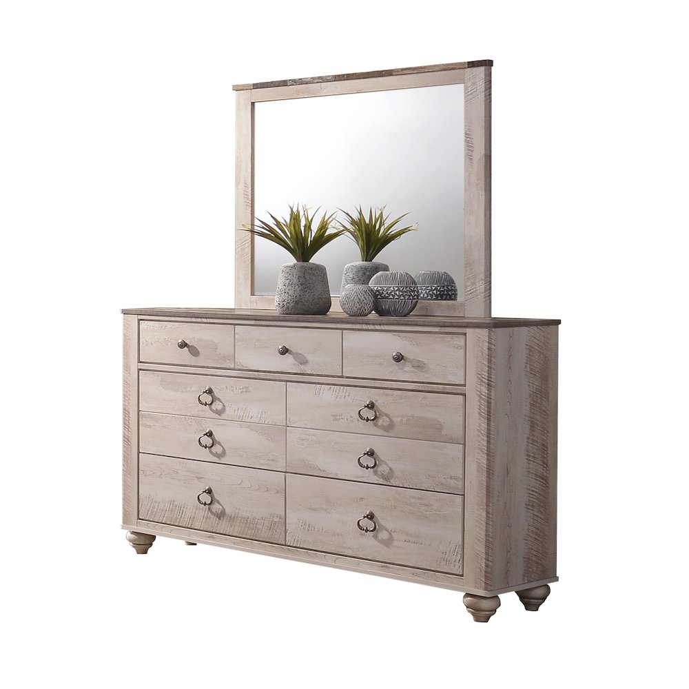 Imerland White Wash Finish Patched Wood Top 7-drawer Dresser and Mirror. Picture 1