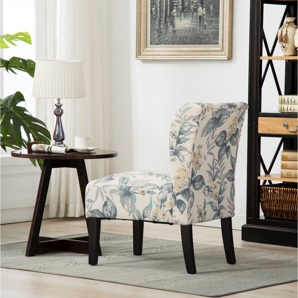 Capa Print Fabric Armless Contemporary Accent Chair, Blue Leaves. Picture 4