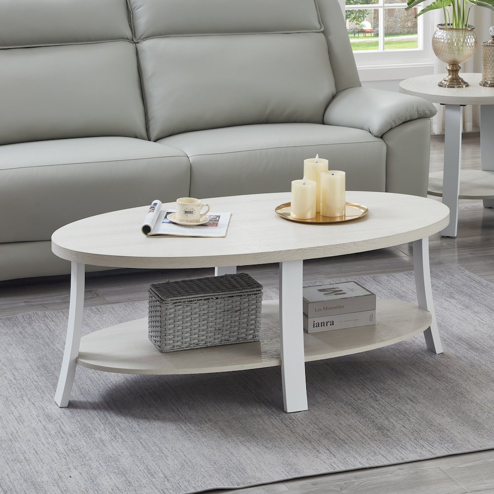 Anze Contemporary Oval Wood Shelf Coffee Table in White Finish. Picture 2