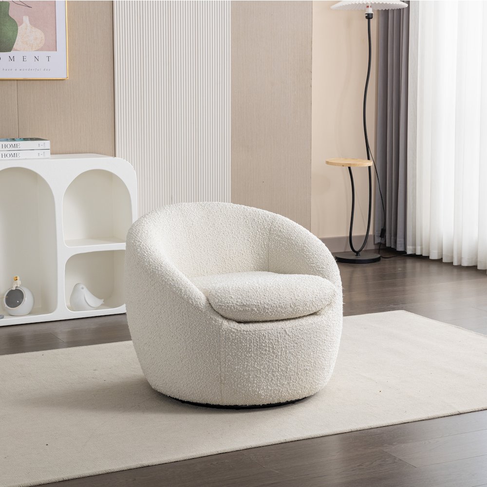 Winnie Modern Teddy Boucle Fabric Barrel Chair, 360 Degree Swivel, White. Picture 3