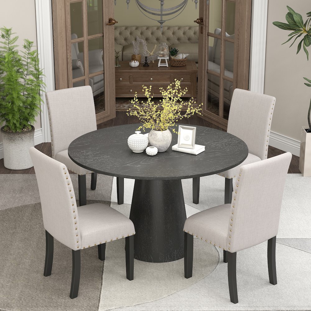Nuevo 5-Piece Round Dining Set, Pedestal Dining Table with 4 Chairs, Tan. Picture 3