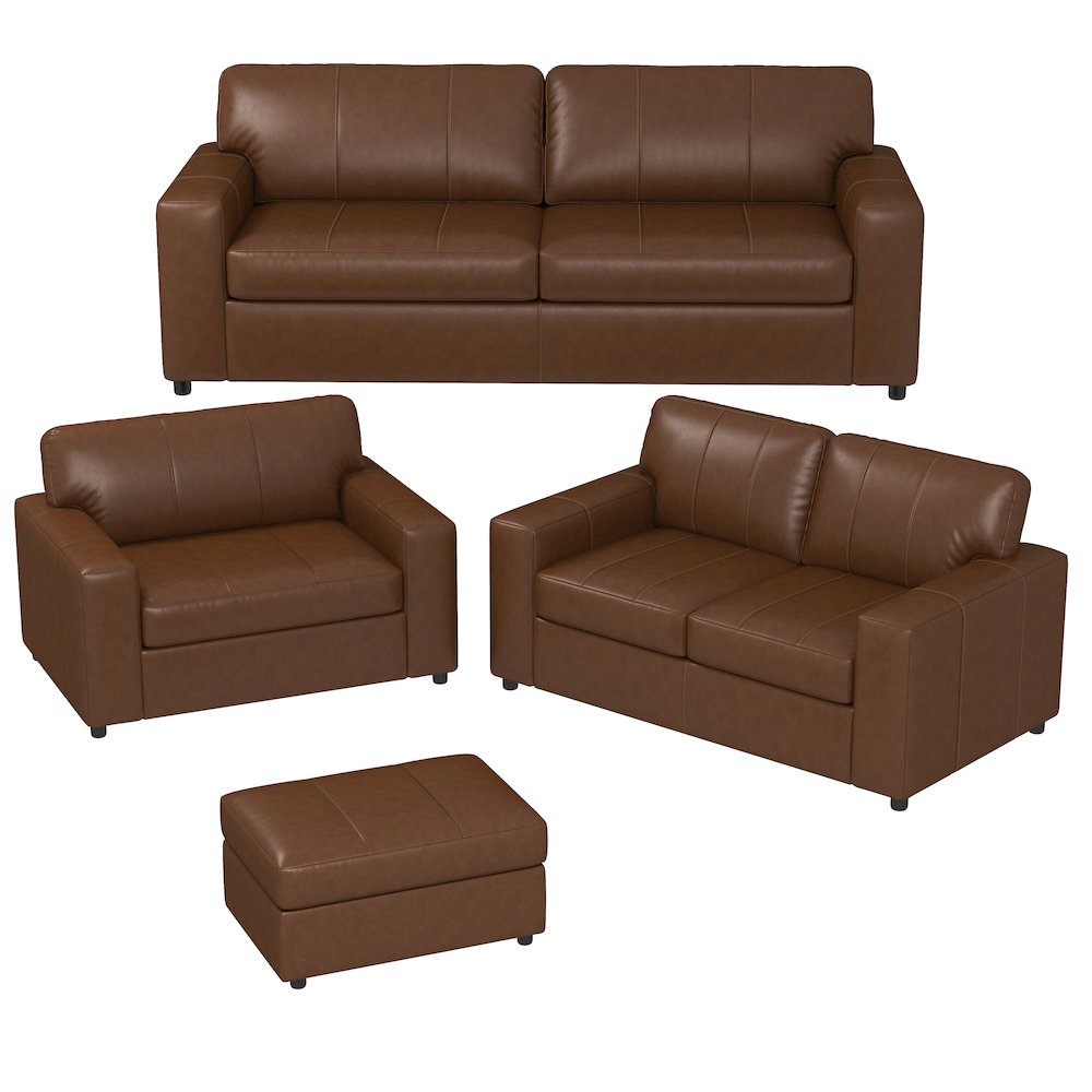 Sakan Leather 4-Pc Living Room Set, Sofa Loveseat, Chair and Ottoman, Caramel. Picture 14