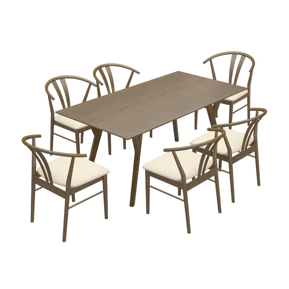 7-Piece Dining Set, Walnut Finished Dining Table with 6 Brown Wishbone Chairs. Picture 1