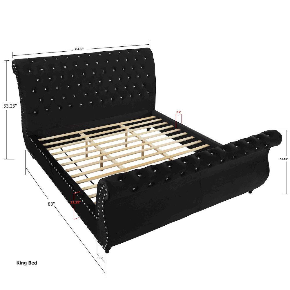 Evora Black Velvet Upholstered Crystal Button Tufted Sleigh Bed, King. Picture 6