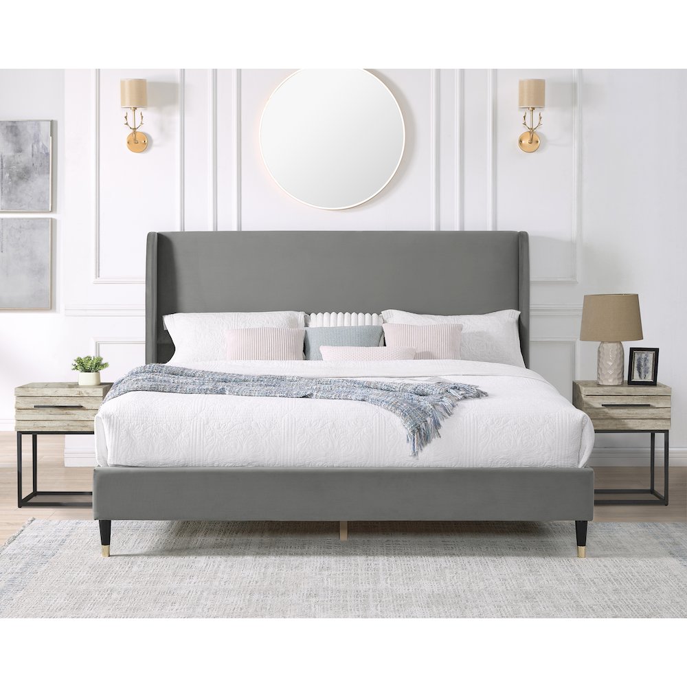 Rozitta Gray Velvet Wingback Platform Bed, Queen. Picture 3
