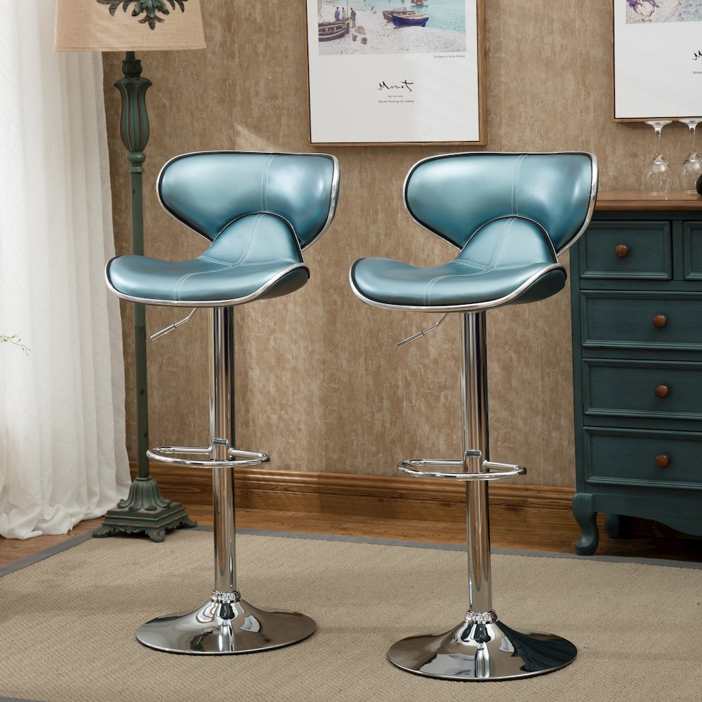 Masaccio Blue Leatherette Adjustable Swivel Barstool Chrome Base, Set of 2. Picture 4