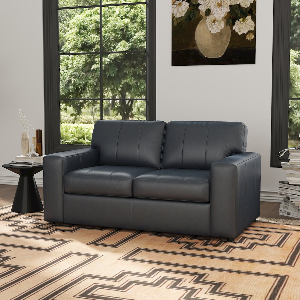 Sakan Leather Upholstered Loveseat, Blue. Picture 2