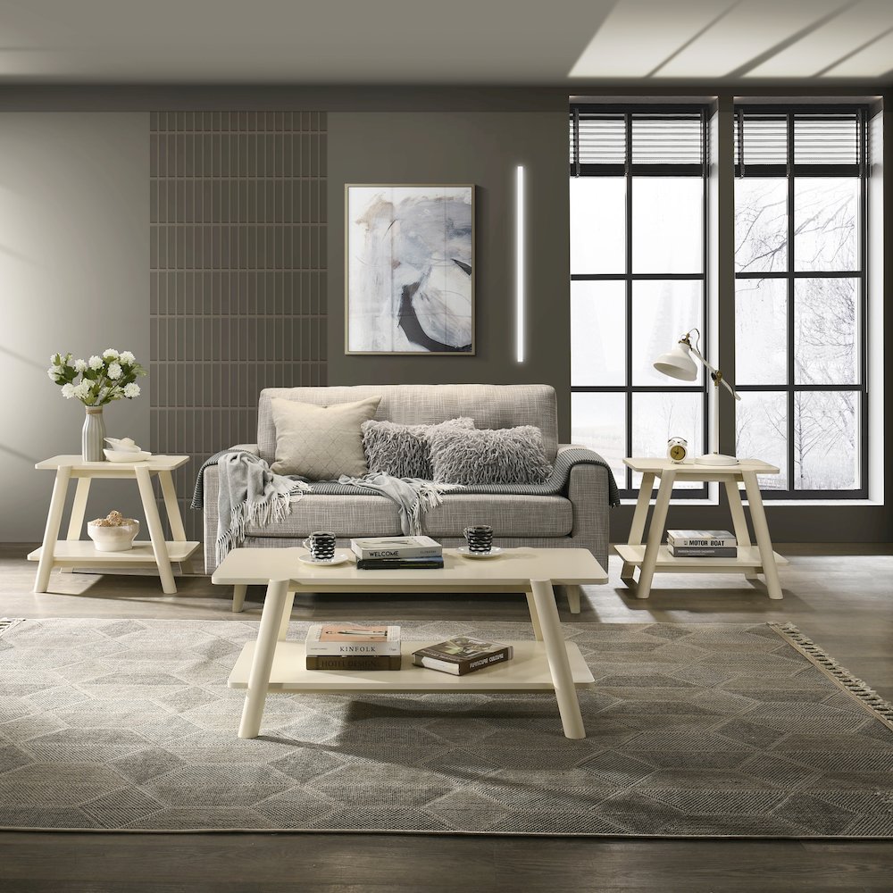 Metz 3-Piece Coffee Table Set, Coffee Table and Two End Tables, Off-White Finish. Picture 2