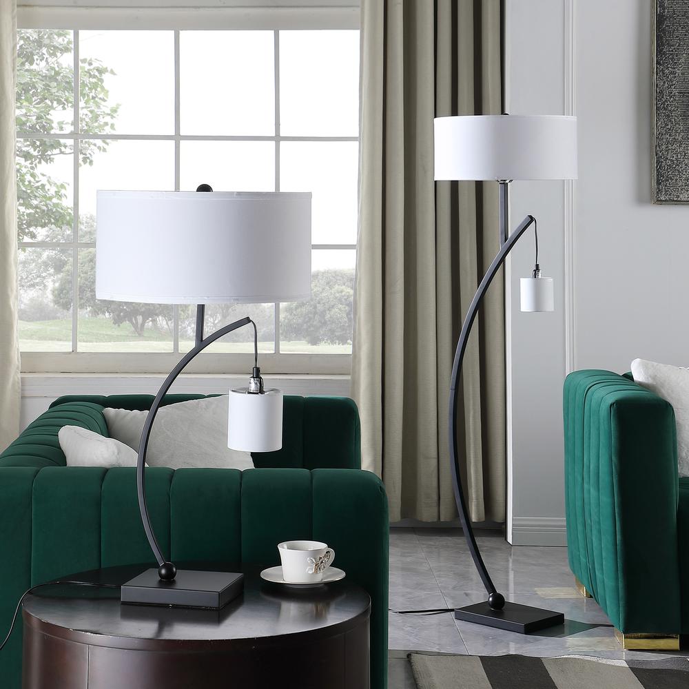 59" in CONTEMPORARY DUAL BLACK ARC W/ HANGING PENDELUM LAMP METAL FLOOR LAMP. Picture 9