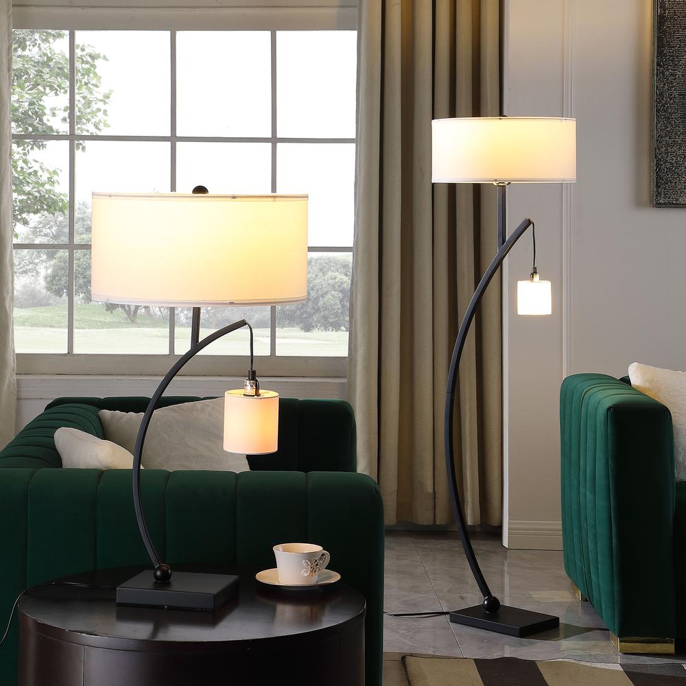 59" in CONTEMPORARY DUAL BLACK ARC W/ HANGING PENDELUM LAMP METAL FLOOR LAMP. Picture 8