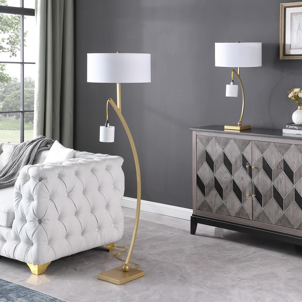 59" in CONTEMPORARY DUAL GOLD ARC W/ HANGING PENDELUM LAMP METAL FLOOR LAMP. Picture 2