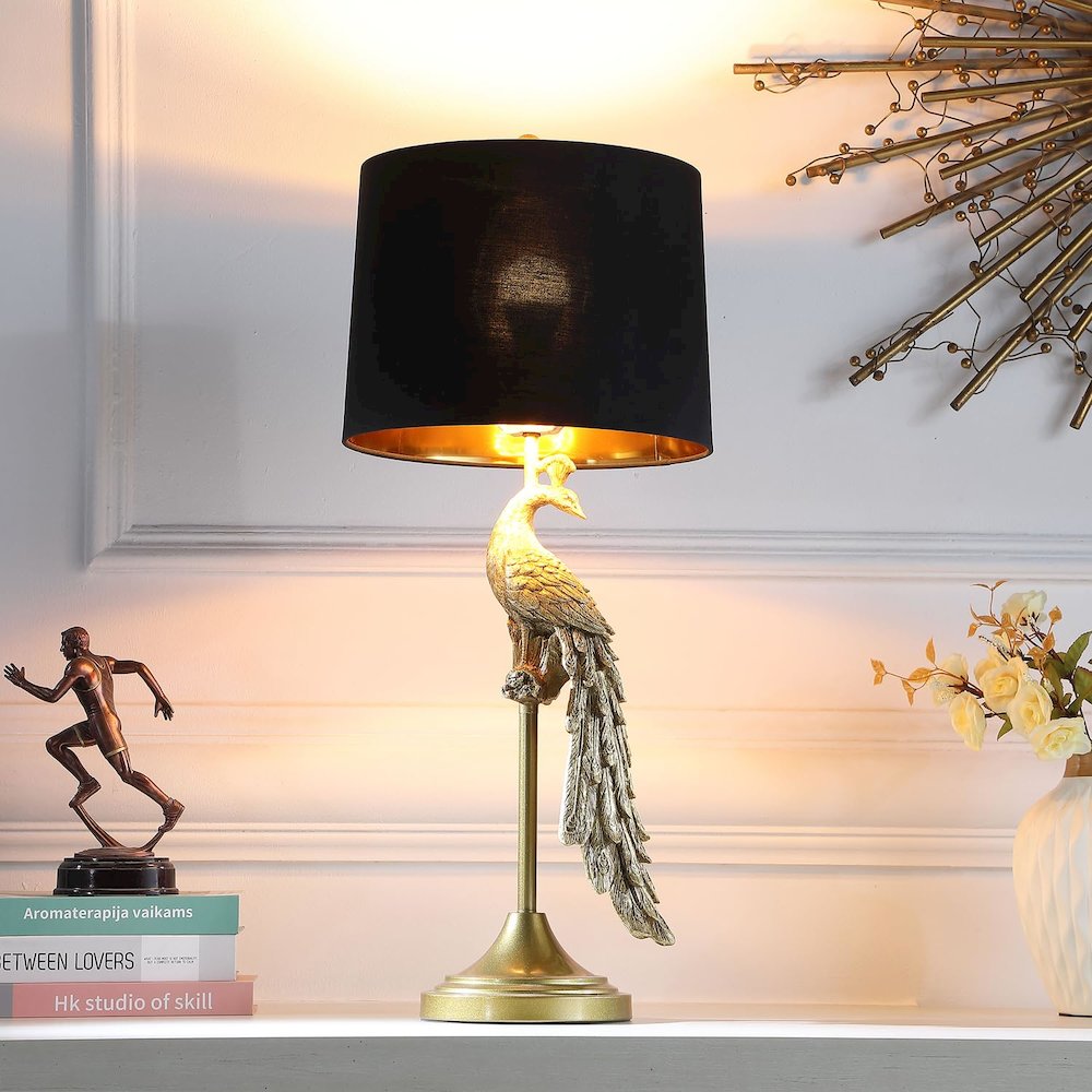 29" in MODERN ELEGANCE GOLDEN PEACOCK ON A PEDESTAL POLYRESIN TABLE LAMP. Picture 4