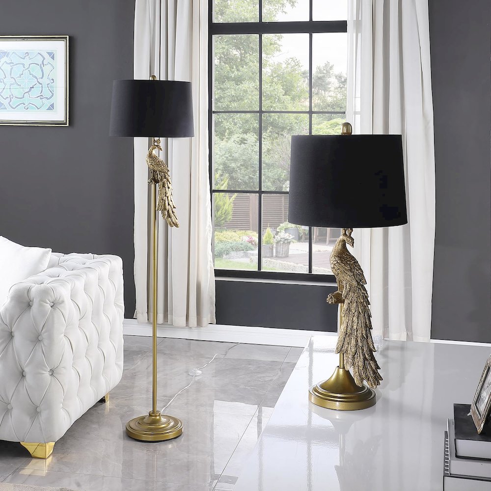 64.5" in MODERN ELEGANCE GOLDEN PEACOCK ON A PEDESTAL POLYRESIN FLOOR LAMP. Picture 5