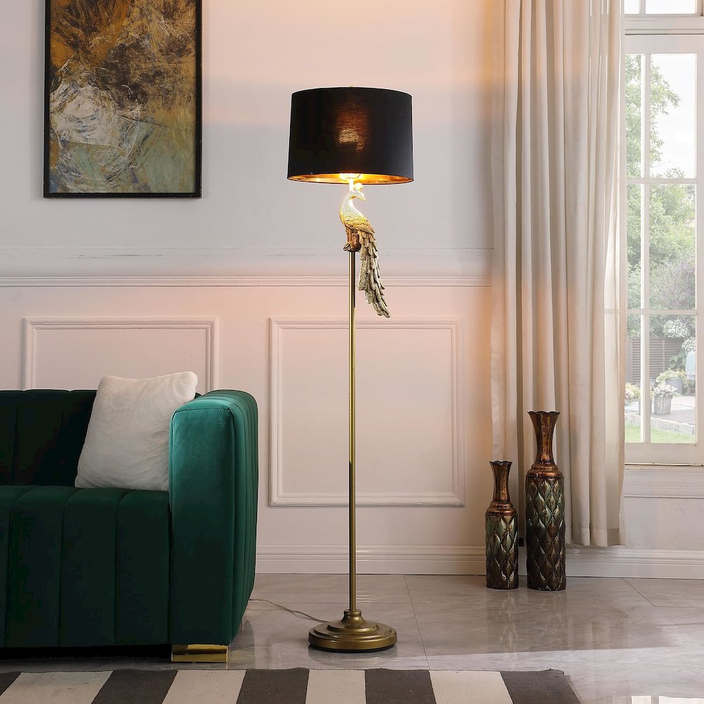 64.5" in MODERN ELEGANCE GOLDEN PEACOCK ON A PEDESTAL POLYRESIN FLOOR LAMP. Picture 4