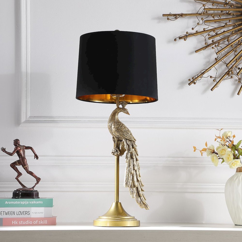 29" in MODERN ELEGANCE GOLDEN PEACOCK ON A PEDESTAL POLYRESIN TABLE LAMP. Picture 2