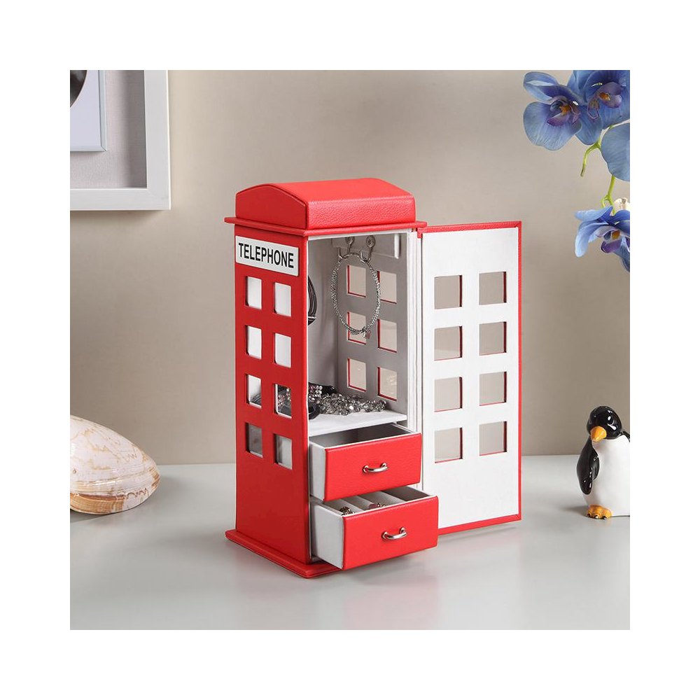 11.5" In British Red Telephone Booth Leather Jewelry Box. Picture 4