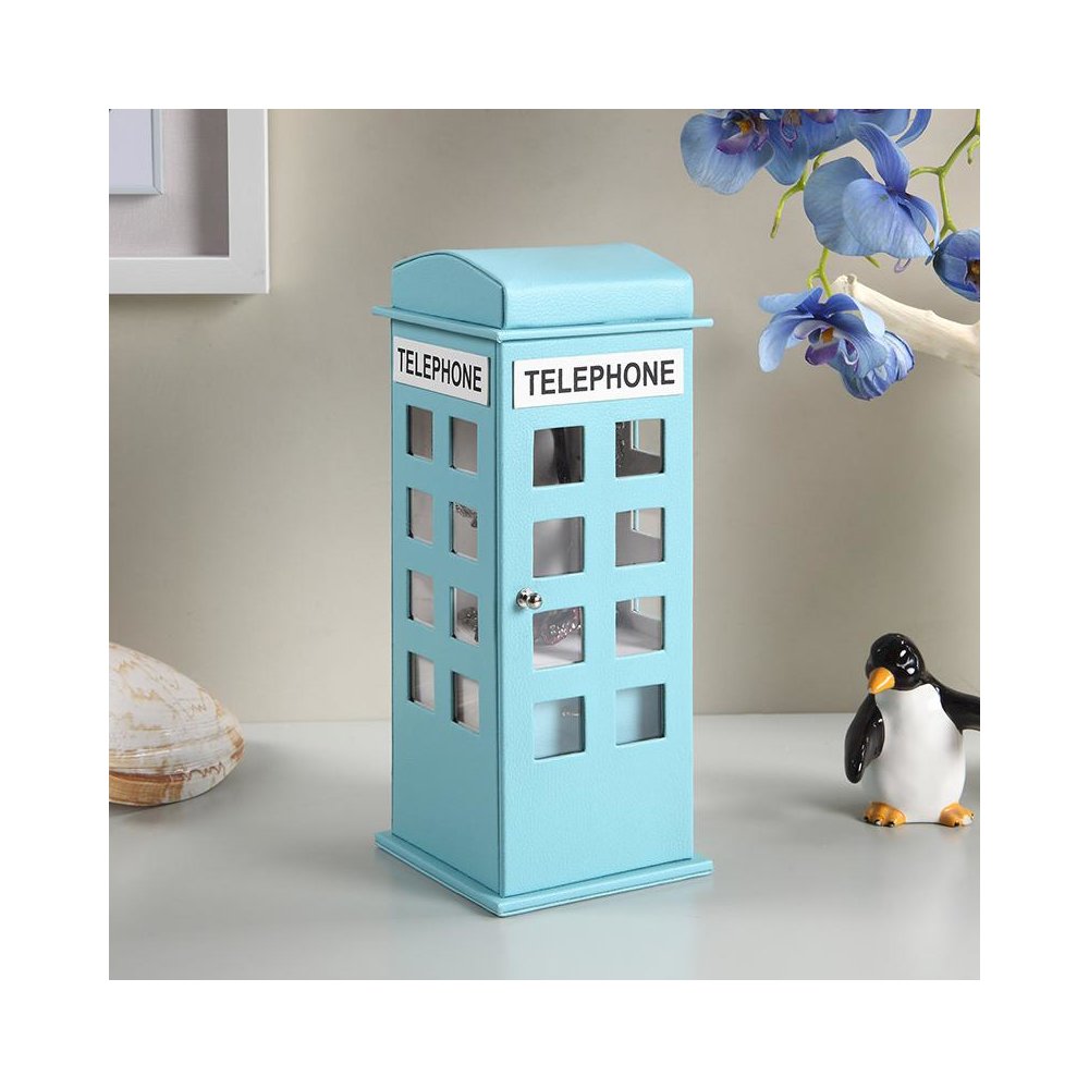 11.5" In British Pastel Blue Telephone Booth Leather Jewelry Box. Picture 3