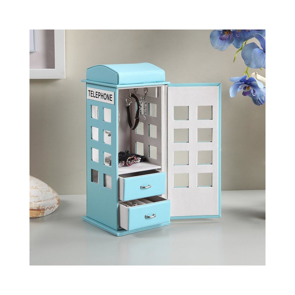 11.5" In British Pastel Blue Telephone Booth Leather Jewelry Box. Picture 4
