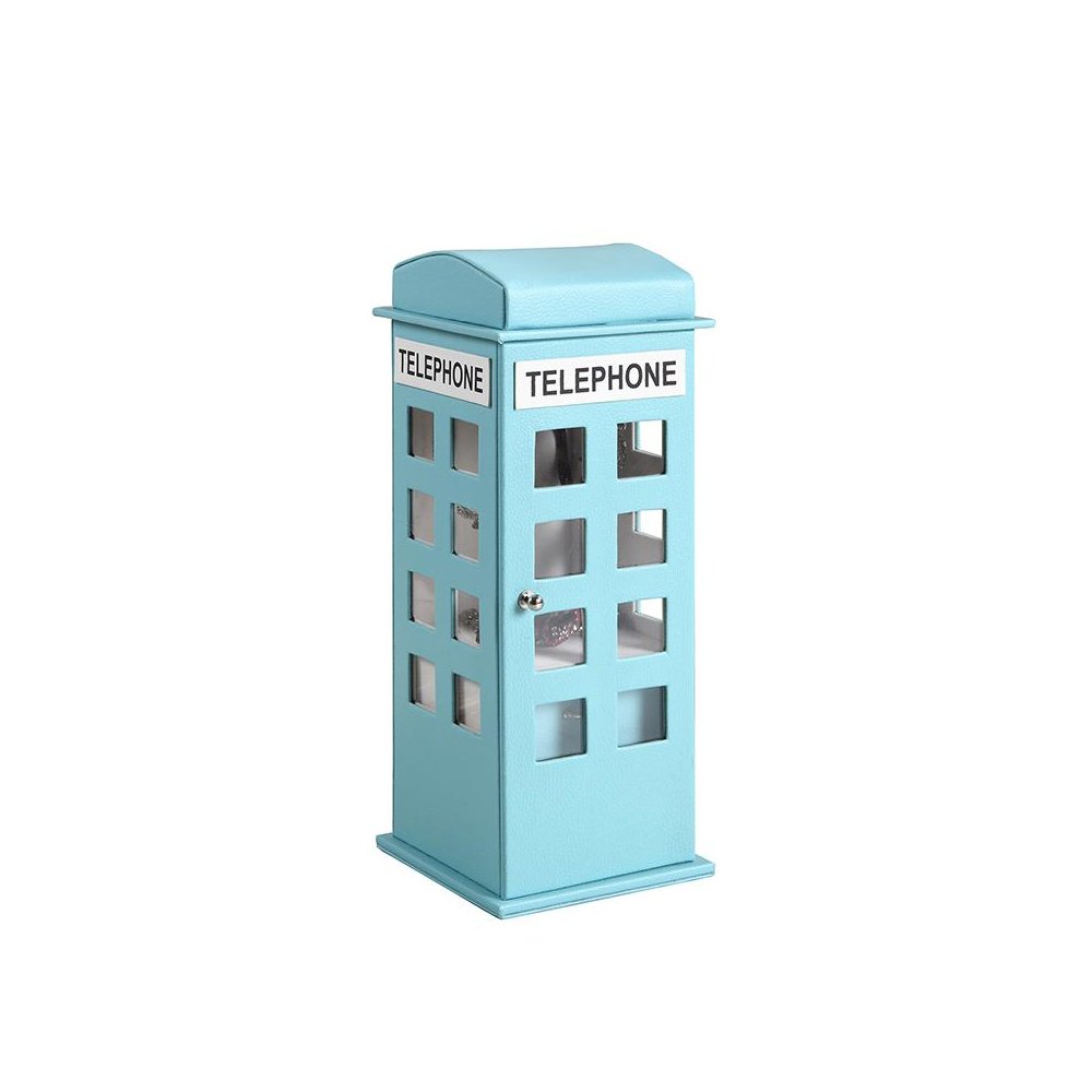 11.5" In British Pastel Blue Telephone Booth Leather Jewelry Box. Picture 1