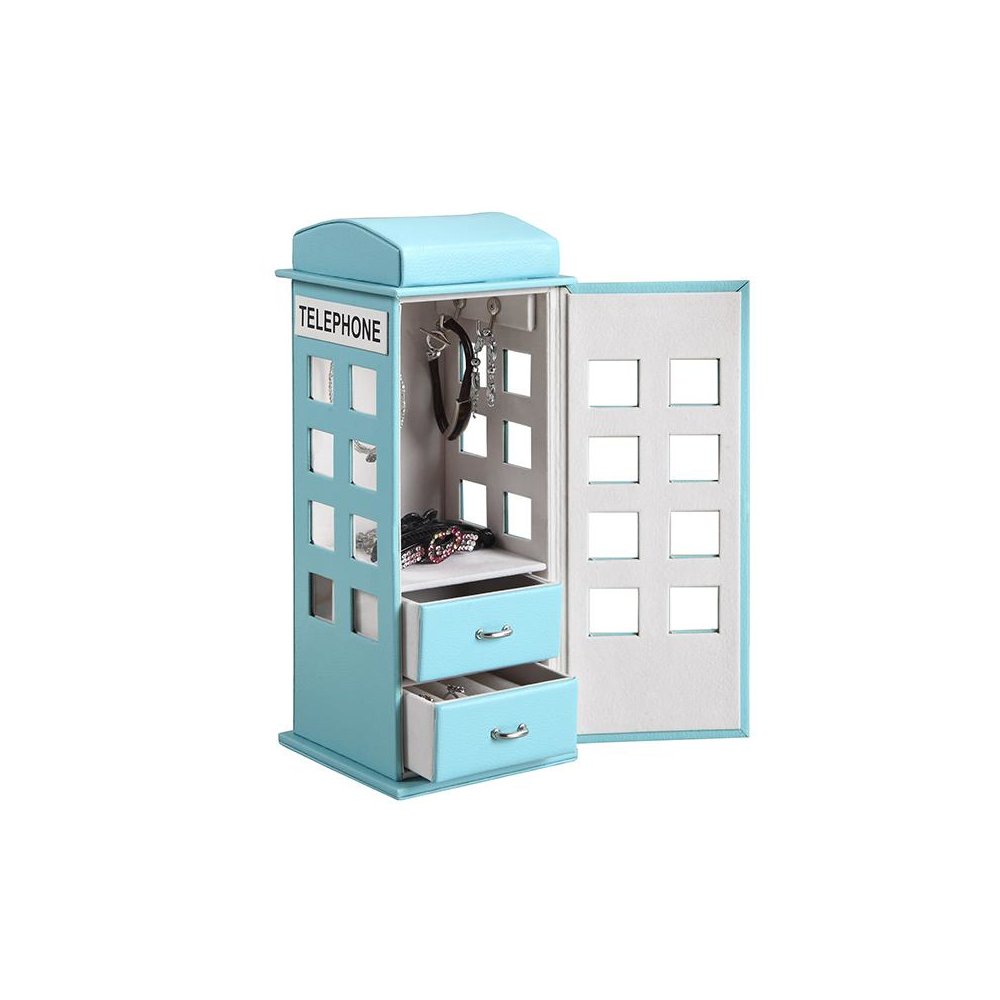 11.5" In British Pastel Blue Telephone Booth Leather Jewelry Box. Picture 2