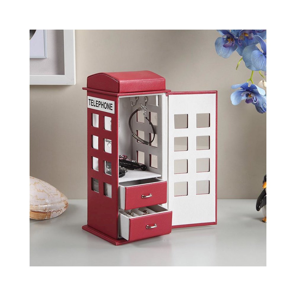 11.5" In British Burgundy Red Telephone Booth Leather Jewelry Box. Picture 4