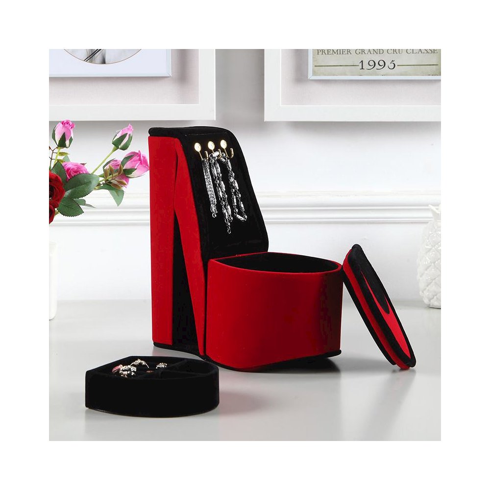 9" In Red Velvet High Heel Shoe Display W/ Hooks Jewelry Box. Picture 4