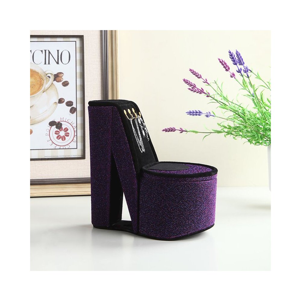 9" In Purple Iridescent Velvet High Heel Shoe Display W/ Hooks Jewelry Box. Picture 3