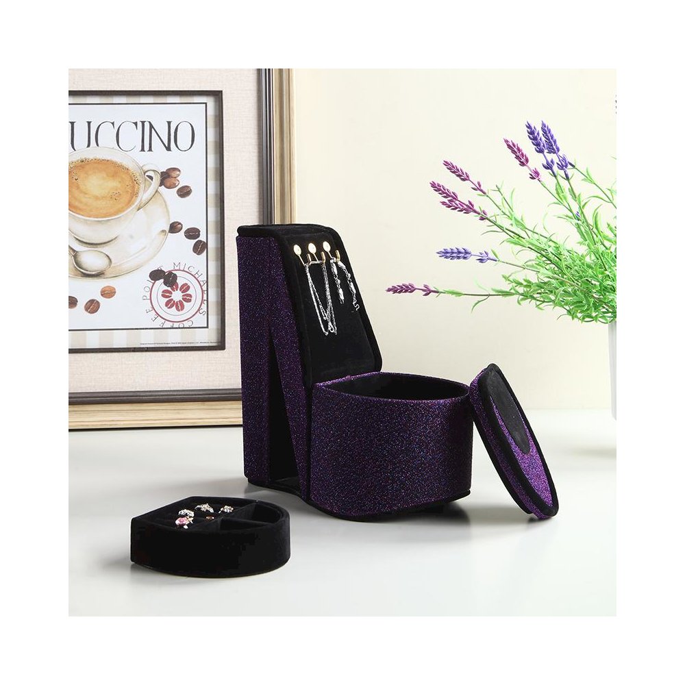 9" In Purple Iridescent Velvet High Heel Shoe Display W/ Hooks Jewelry Box. Picture 4
