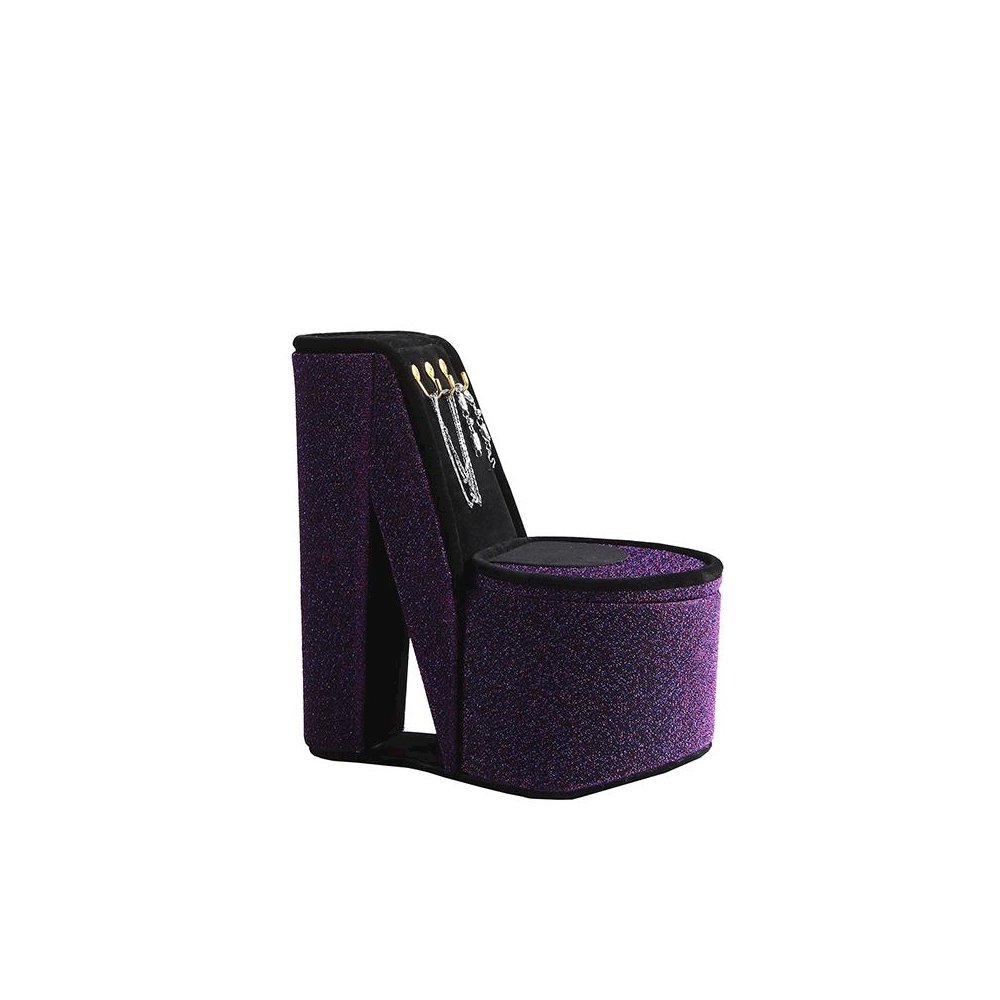 9" In Purple Iridescent Velvet High Heel Shoe Display W/ Hooks Jewelry Box. Picture 1