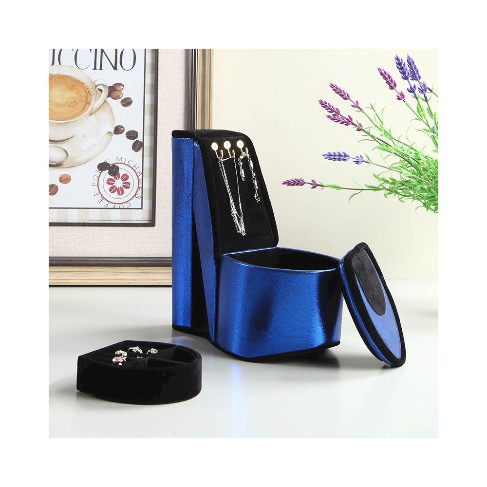 9" In Blue Iridescent Velvet High Heel Shoe Display W/ Hooks Jewelry Box. Picture 4