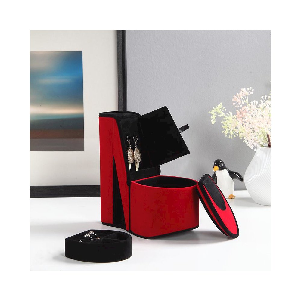 9" In Red Velvet High Heel Shoe Hidden Jewelry Box. Picture 4