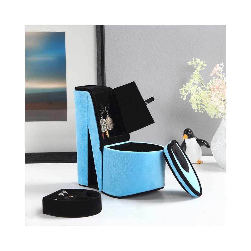 9" In Turqoise Blue Velvet High Heel Shoe Hidden Jewelry Box. Picture 4