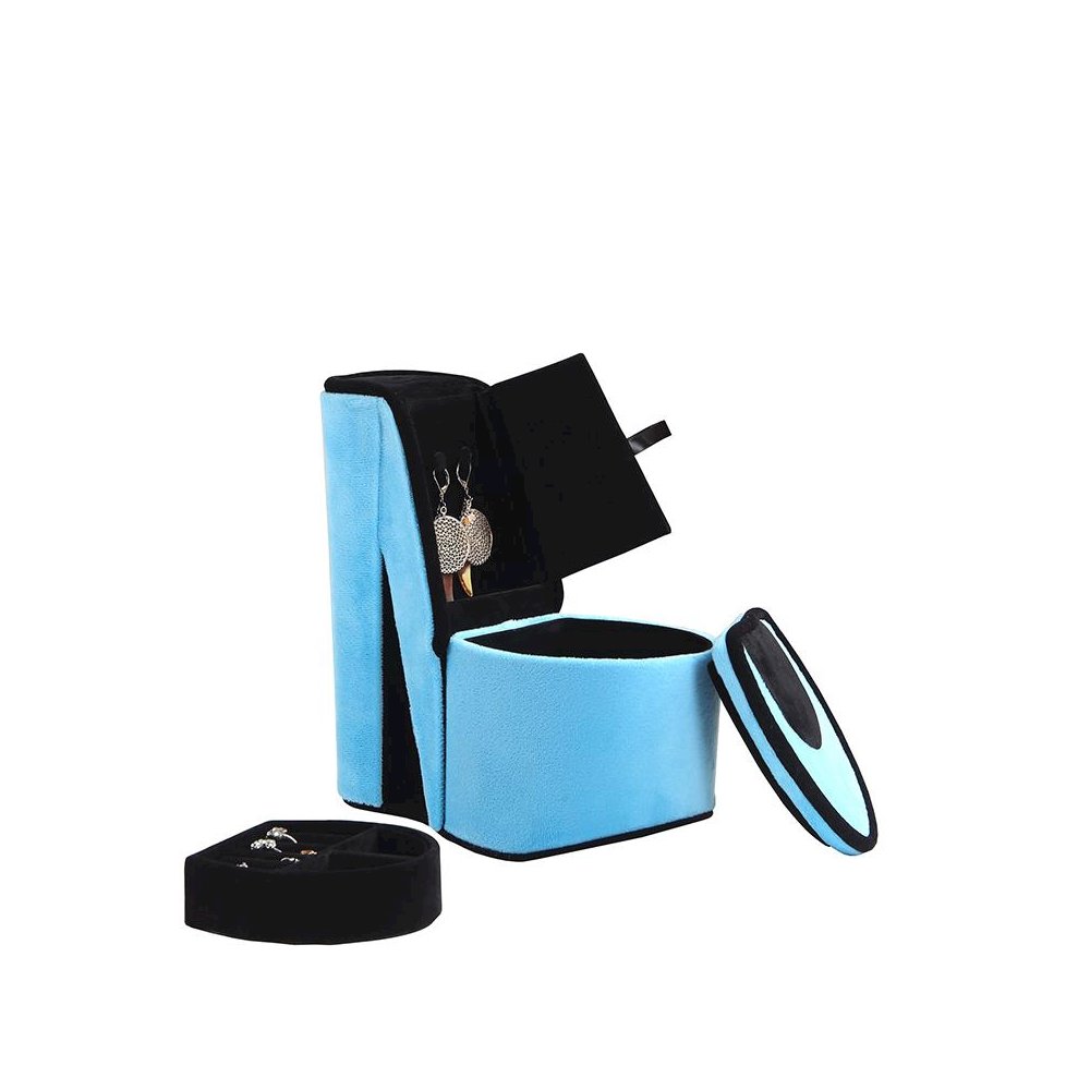9" In Turqoise Blue Velvet High Heel Shoe Hidden Jewelry Box. Picture 2