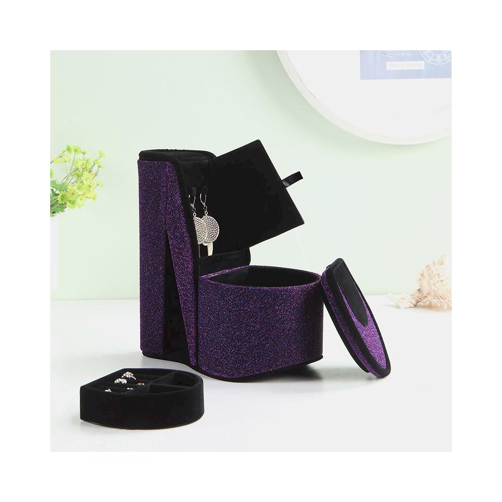 9" In Purple Iridescent Velvet High Heel Shoe Hidden Jewelry Box. Picture 4